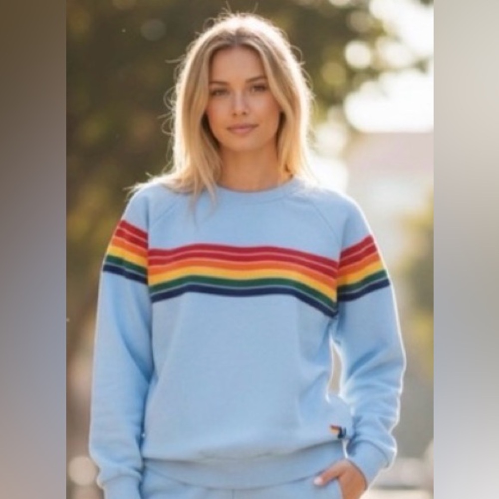 Aviator Nation Light Blue Sweatshirt with Rainbow Stripes EUC